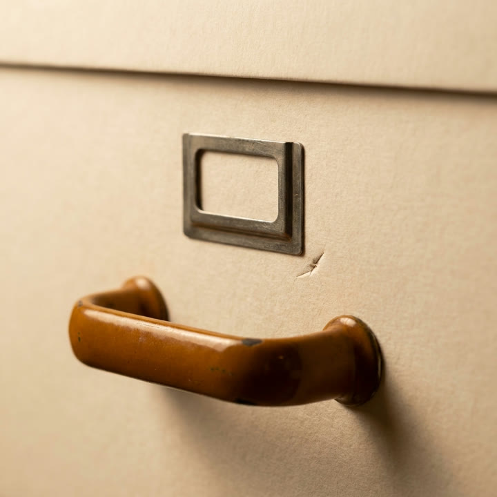 A closed filing drawer with an empty label holder.